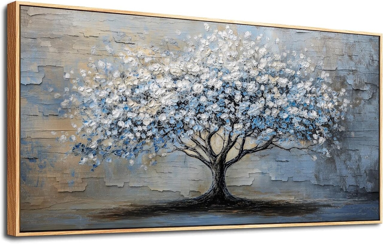 Wood Framed Wall Art for Living Room, Office, Bedroom - Large Abstract Blue Grey Tree Painting Canvas - Farmhouse Home Decor 20"X40"
